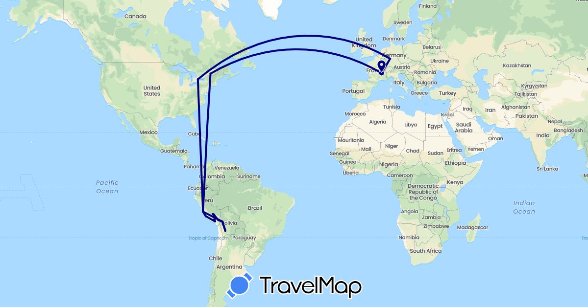 TravelMap itinerary: driving in Bolivia, Canada, Germany, France, Peru (Europe, North America, South America)